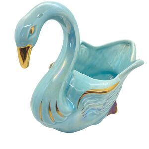 Royal Copley Swan Planter Blue Gold Ceramic Classic Decorative Vintage 4"X8"